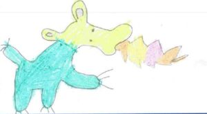 kid's drawing of a two-tone green dragon breathing multicolour fire